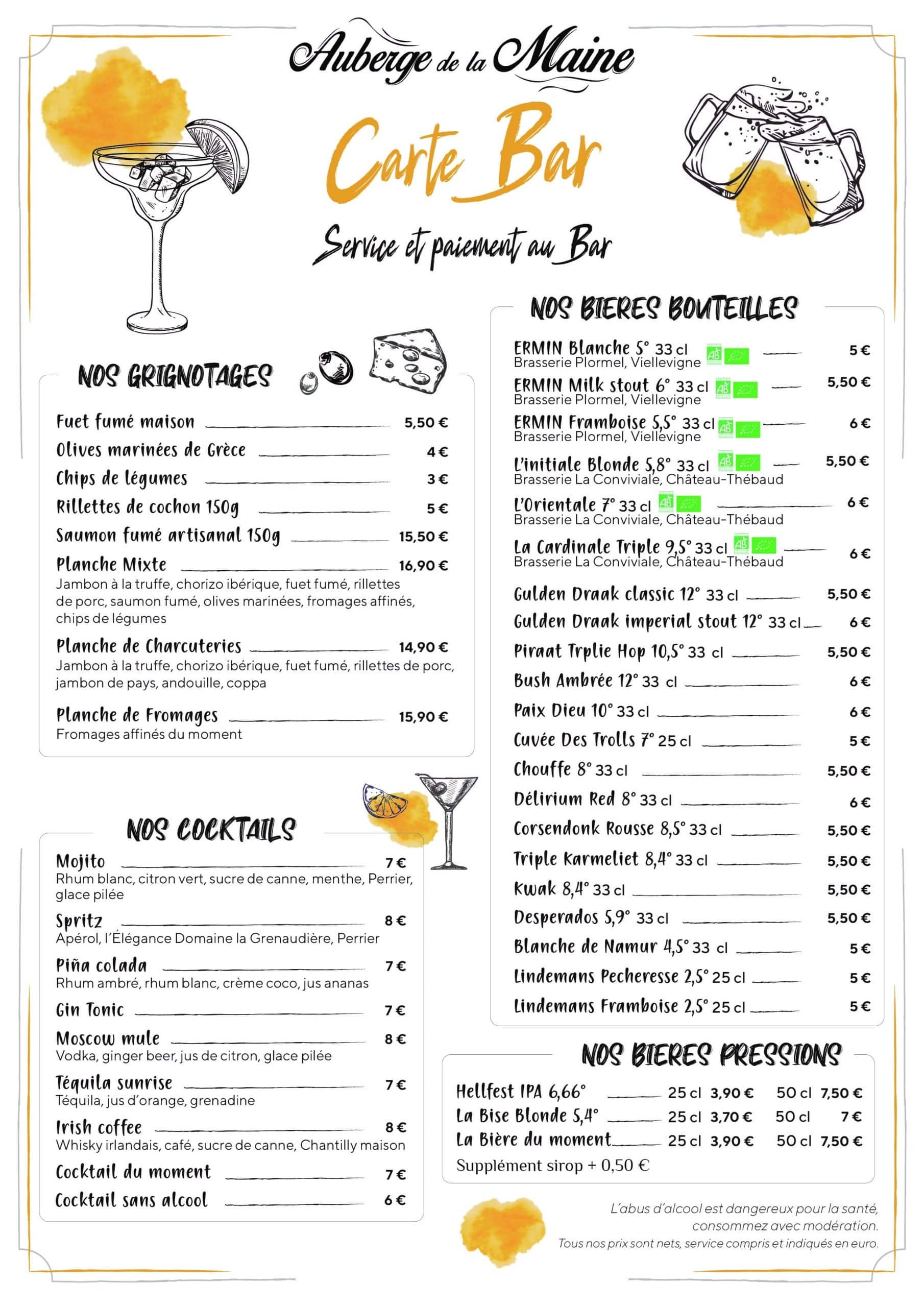 Carte Bar Recto 2022 - Restaurant Auberge de la Maine